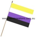Non Binary Flag On Wood Stick Handwaver Polyester 12 inch by 18 inch Non Binary Pride