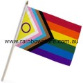 Inclusive Progress Pride Rainbow Flag On Wood Stick Handwaver Polyester 12 inch by 18 inch Gay Lesbian Pride