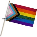 Progress Pride Rainbow Flag On Wood Stick Handwaver Polyester 12 inch by 18 inch Gay Lesbian Pride